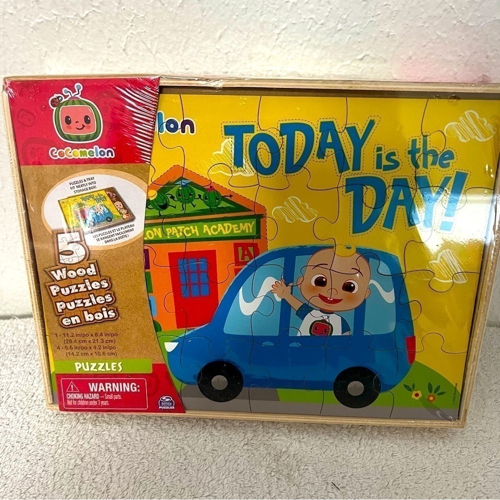Cocomelon 5 Pack Wood Puzzles with Wooden Storage Box New Learning, Play Time